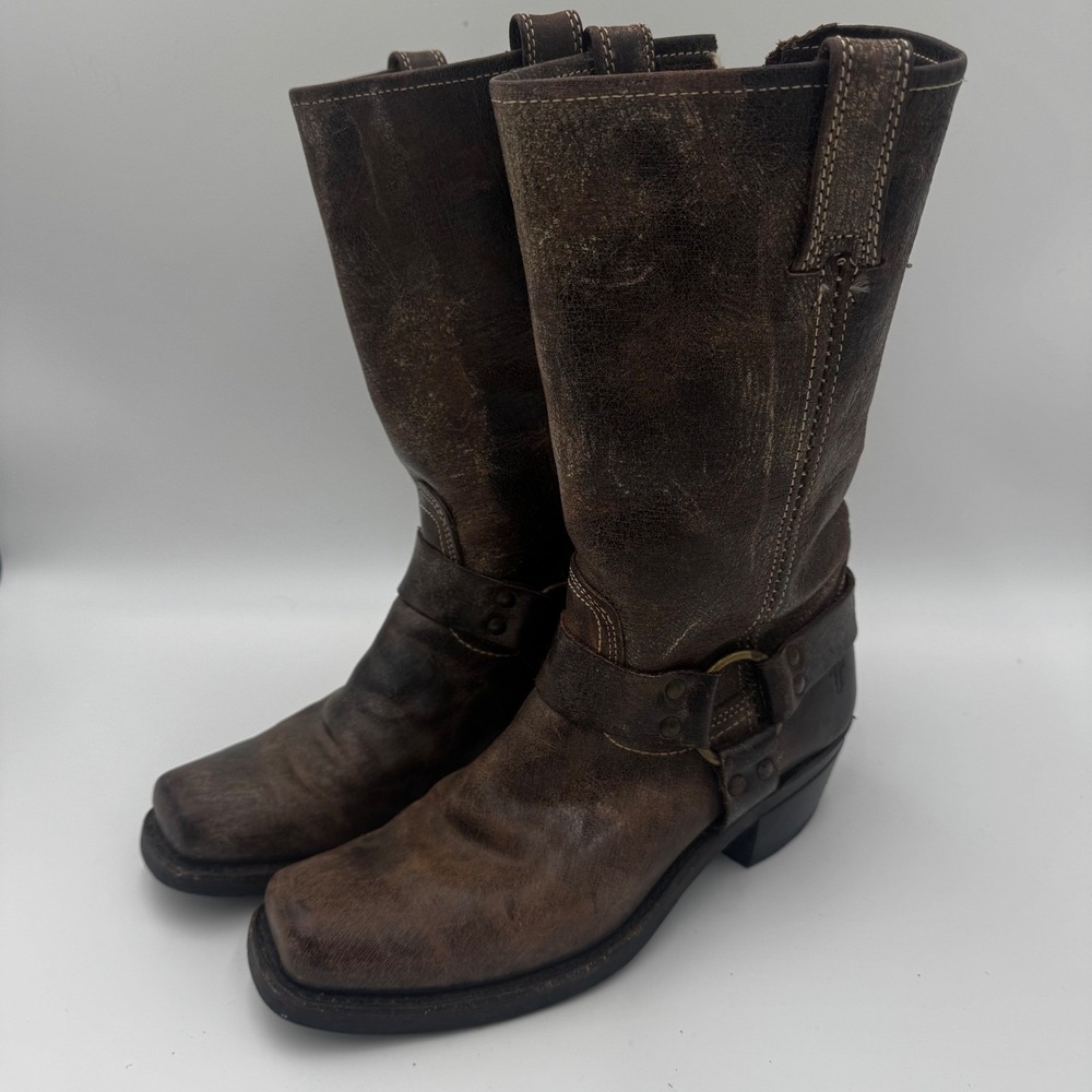 Frye Harness Vintage Leather Biker Boots 9M Brown Square Toe Made in USA Flaw